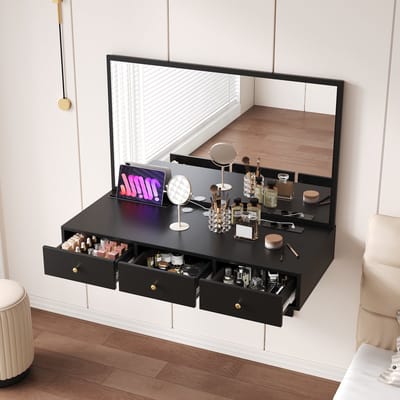 MODENUIT Kaptafel - Spiegel, 3 Laden En Stopcontact - Voor Kamer Of Bureau - Zwarte Spaanplaat - 100x45x105 cm