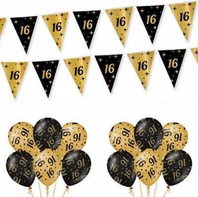 16 Jaar Versiering Classy Black-Gold Feestpakket - 16 Jaar Decoratie - Ballonnen En Slingers Zwart Goud