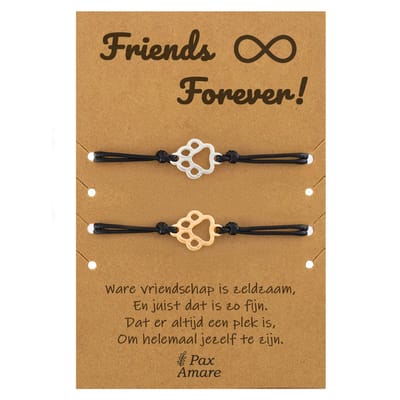 Vriendschapsarmbandjes voor 2 " Friends Forever ∞" - Hondenpootjes - BFF Armbandjes met Persoonlijk Cadeau Kaartje - Zilverkleurig & Goudkleurig - Elastisch Verstelbaar - Pax Amare