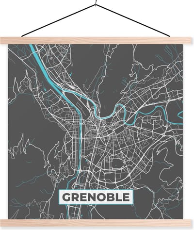 Posterhanger incl. Poster 40x40 cm - Schoolplaat - Grenoble - Frankrijk - Plattegrond - Kaart - Stadskaart - Textielposter - Blanke latten - Stadskaart