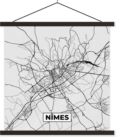 Posterhanger incl. Poster 60x60 cm - Schoolplaat - Stadskaart - Frankrijk - Kaart - Nîmes - Plattegrond - Textielposter - Zwarte latten - Stadskaart