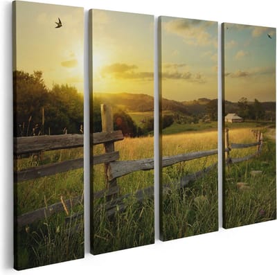 Artaza Canvas Schilderij Vierluik Boerderij Hekken op het Grasveld - 80x60 - Foto Op Canvas - Canvas Print