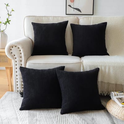 Famanu - Set van 4 corduroy kussenslopen, 45 x 45 cm, decoratieve sierkussenhoezen, zachte kussensloop, bankkussen, decoratieve overtrek voor bank, slaapkamer en woonkamer, zwart
