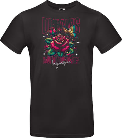 T-shirt zwart – Dreams Have No Boundaries – Stoer Shirt met Kleurige Bloem / maat S van Shirtmakelaar