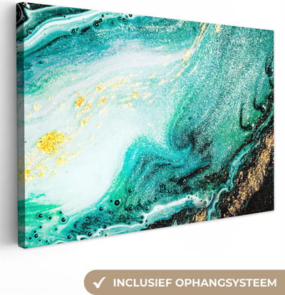 Canvas schilderij 150x100 cm - Wanddecoratie Marmerlook - Blauw - Goud - Glitter - Luxe - Marmer - Muurdecoratie woonkamer - Slaapkamer decoratie - Kamer accessoires - Schilderijen op canvas