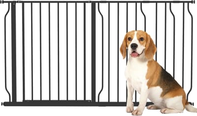PawHut Hunde Türschutzgitter Treppenschutzgitter, 75-145 cm Hunde Türgitter, Klemmgitter, Schutzgitter, Zwei-Wege-Öffnung, Stahl, Schwarz