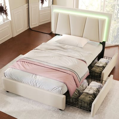 VVBV Gestoffeerd Opbergbed 90x200 cm - Opbergruimte, 2 Lades, LED-Verlichting, Lattenbodem - Hout Beige - Zonder Matras