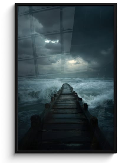 Poster in lijst - Fotolijst 80x120 cm - Posters - Steiger - Storm - Golven - Posterlijst zwart - Decoratie - Wanddecoratie woonkamer - Muurdecoratie slaapkamer