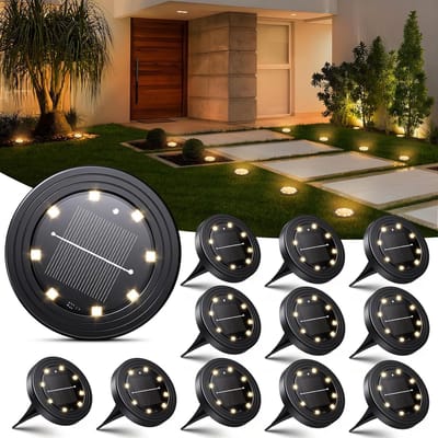 Famanu 12 stuks vloerlampen op zonne-energie, voor buiten, IP68 weerbestendig, met 8 leds, tuinverlichting, lange levensduur, warmwit, zonnelampen voor tuindecoratie, paden, terrassen