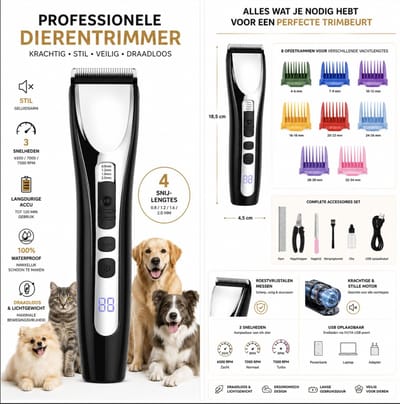BSS® Professionele Hondentondeuse – Draadloze Hondentrimmer met Groomingset – Voor Honden & Katten met Dikke, Lange en Pluizige Vacht – Zwart/Zilver