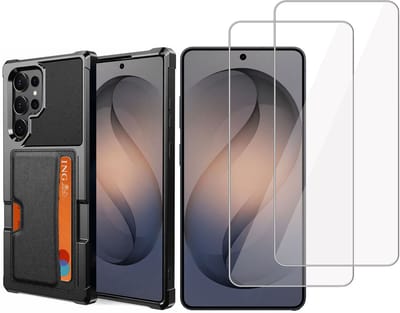 Pasjes Houder Hoesje & 2x Screenprotector geschikt voor Samsung Galaxy S26 Ultra Hoesje Screenprotector - Gehard Glas Cover + Heavy Duty Case - Magnetisch Portemonnee Hoesje Cover - Zwart