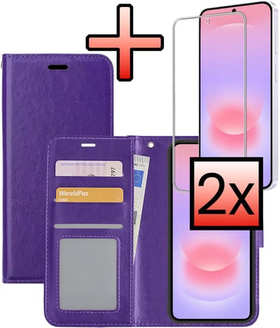 Hoesje - Met 2x Screenprotector - Geschikt voor Samsung Galaxy A37 - Luxe Pasjeshouder - Bookcase Portemonee - Flip Case - Kunstleer Book Case - Flipcase Hoes - Book Cover - Walletcase - Portemonneehoes - Paars