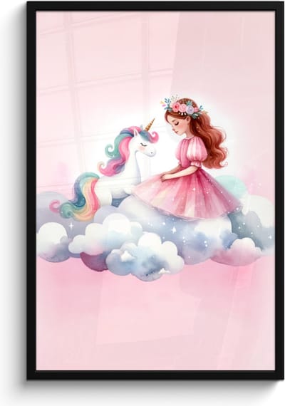 Poster in lijst - Fotolijst 60x90 cm - Posters - Eenhoorn - Prinses - Unicorn - Roze - Wolken - Posterlijst zwart - Kamer decoratie - Wanddecoratie kinderkamer - Muurdecoratie babykamer