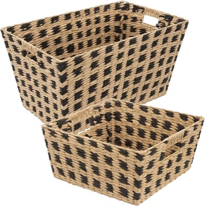 Set van 2x gevlochten rieten opbergmanden beige/zwart - Kast-/badkamer mandjes verschillende formaten