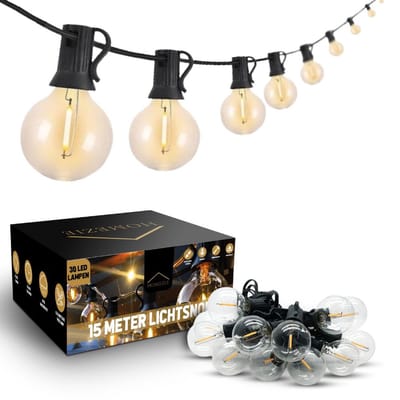 Homezie Lichtsnoer | 15 meter met 30 kunststof LED bulbs | Warm wit | IP44 Spatwaterdicht | Koppelbaar & Dimbaar | Tuinverlichting | Prikkabel