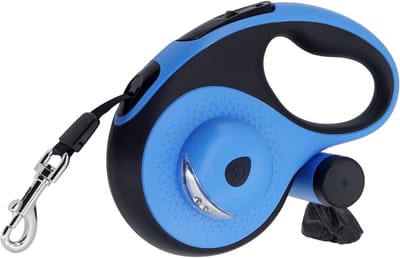 8 m lange intrekbare hondenriem met poepzakhouder, zwaar belastbare huisdierriem - duurzame automatische uitschuifbare hondentrainingslijn met schijnwerper, blauw