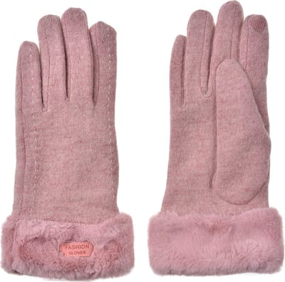 Clayre & Eef Handschoenen met imitatiebont 9x23 cm Roze Polyester