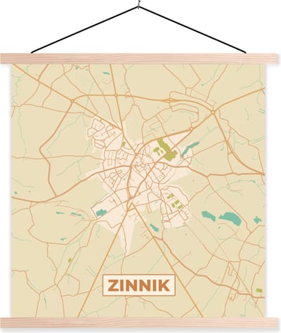 Posterhanger incl. Poster 40x40 cm - Schoolplaat - Plattegrond - Kaart - Zinnik - Stadskaart - Vintage - Textielposter - Blanke latten - Stadskaart