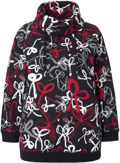 Ulla Popken - Dames - Sweatshirt scribble-patroon opstaande kraag lange mouwen - Zwart - Maat 50+