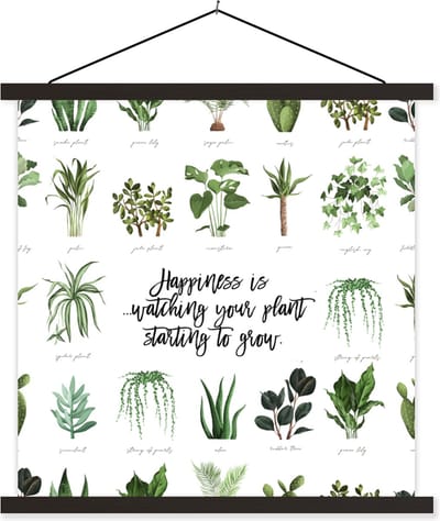 Posterhanger incl. Poster 60x60 cm - Schoolplaat - Quotes - Happiness is... watching your plant starting to grow - Spreuken - Textielposter - Zwarte latten