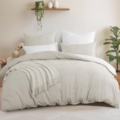 Omkeerbaar Dekbedovertrek 200x200 cm – Beige en Wit Katoen Beddengoed