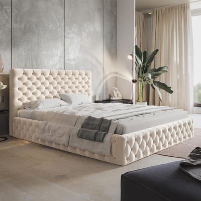 Chesterfield Opberg Bed 120x200 cm Velvet Beige Crème met Hydraulische Opbergruimte, Gestoffeerd Hoofdbord, Lattenbodem en Houten Frame
