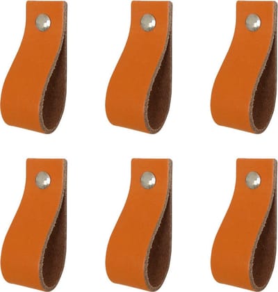 Handles and more - 6x Leren handgrepen lusjes - Oranje- XS (12,6 x 2,5 cm) - incl. 3 kleuren schroefjes (handgreepjes - leren grepen - greepjes - leren lusjes)
