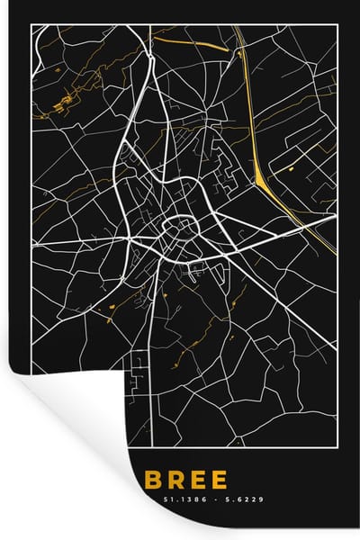 Muurstickers - Sticker Folie - Bree - Gold - Stadskaart - Plattegrond - Kaart - 20x30 cm - Plakfolie - Muurstickers Kinderkamer - Zelfklevend Behang - Zelfklevend behangpapier - Stickerfolie