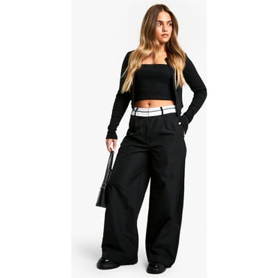 boohoo Dames Petite Reverse Tailleband Op Maat Gemaakte Wijde Broek | Black | Maat: 14
