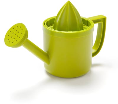 Originele handmatige sapcentrifuge in de vorm van een gieter, groene kunststof sapcentrifuge voor citroen- of citrussap, met klapdeksel voor opslag