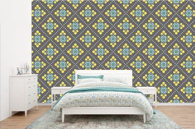 Behang - Fotobehang Design - Ruit - Bloemen - Grijs - Breedte 385 cm x hoogte 240 cm