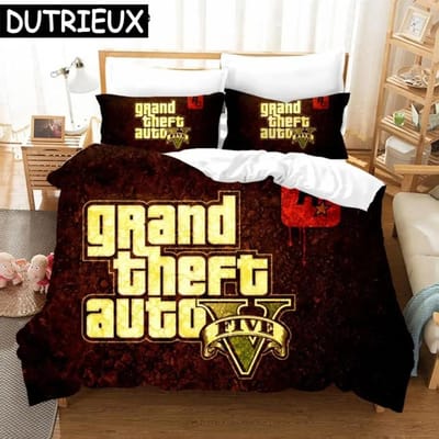 Game GTA Beddengoedset met Print Grand Theft Auto 5 Cartoon Dekbedovertrek Kussensloop Eenpersoons Tweepersoons Kingsize Anime Dekbedovertrek Beddengoed US Twin 172x218cm