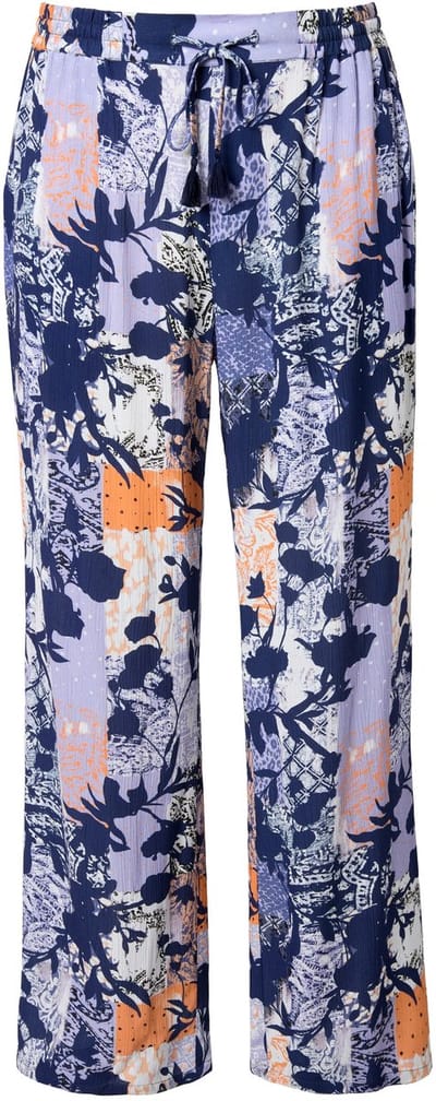 Ulla Popken - Dames - Broek Rose bloemenprint wijde pijpen elastische tailleband - Inktblauw - Maat 42+