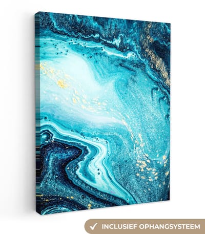 Canvas schilderij 30x40 cm - Wanddecoratie Marmerlook - Blauw - Goud - Luxe - Glitter - Marmer - Muurdecoratie woonkamer - Slaapkamer decoratie - Kamer accessoires - Schilderijen op canvas