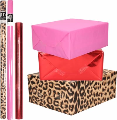 9x Rollen kraft inpakpapier pakket panter/dierenprint-metallic rood en roze 200 x 70/50 cm/cadeaupapier/verzendpapier/kaftpapier