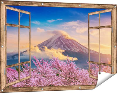 Gards Tuinposter Doorkijk Fuji Berg met Roze Bloesembomen - Bloemen - 120x80 cm - Tuindoek - Tuindecoratie - Wanddecoratie buiten - Tuinschilderij