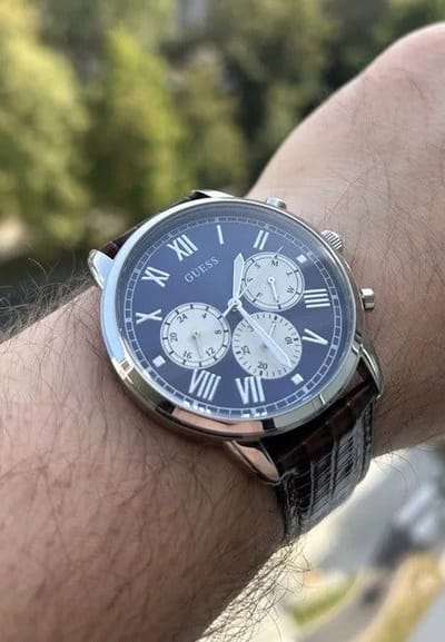 Guess Hendrix Quartz Analoog Horloge Zwart Behuizing: 100% Roestvrij Staal| Armband: Echt Leer 44 mm U1261G2M