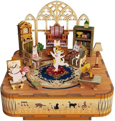 Tonecheer Cat's Family Bouwpakket - Modelbouw - 14 x 14 x 13,9 cm - Houten 3D Puzzel - DIY Muziekdoos Pakket - Modelbouwpakketten - Knutselen voor Volwassenen - Knutselpakket