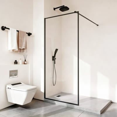 VEVOR vaste glazen douchewand (864 x 1870 mm), frameloos, 8 mm dik, helder veiligheidsglas, deur met bodemafdichting en beslag, douchewand voor badkamer, matzwart