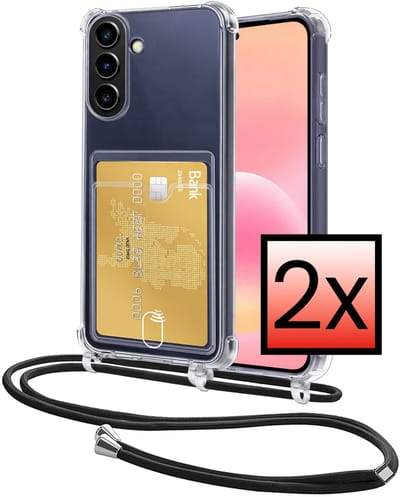 Hoes Geschikt voor Samsung Galaxy A57 Hoesje Pasjeshouder Cover Met Koord Shock Proof Case Siliconen Hoes Met Telefoonkoord en Kaarthouder - Transparant - 2 PACK