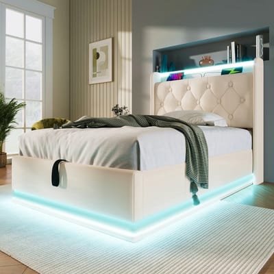 VVBV Gestoffeerd Opbergbed 90x200 cm - 360° LED, Hydraulische Opbergruimte en App-bediening - PU-leer Wit - Zonder Matras