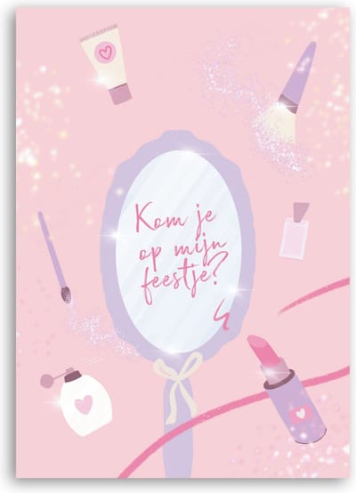 Uitnodiging kinderfeestje meisjes - 12 stuks - Enkele kaart - Verjaardagsfeestje make up thema