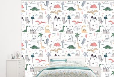 Behang - Fotobehang Patronen - Dino - Boom - Jongetje - Jongens - Kinderen - Kids - Breedte 300 cm x hoogte 240 cm