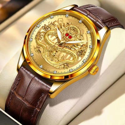 Montre à Quartz Automatique Étanche et Lumineuse en Forme de Dragon Année du Zodiaque Bracelet en Acier pour Homme Minimum One Piece beige