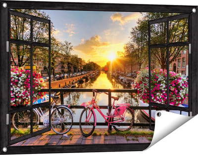 Gards Tuinposter Doorkijk Amsterdamse Brug met Zonsopgang - 90x60 cm - Tuindoek - Tuindecoratie - Wanddecoratie buiten - Tuinschilderij