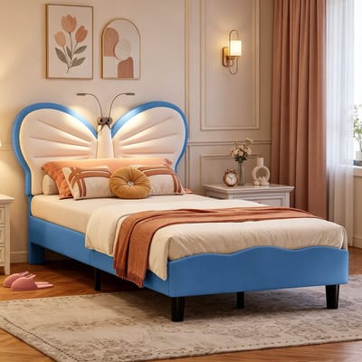 Eenpersoonsbed 90x190 cm, kinderbed met vlindervormig hoofdeinde, gestoffeerd bed met leeslampje, geschikt voor tieners en meisjes, PU, Blauw