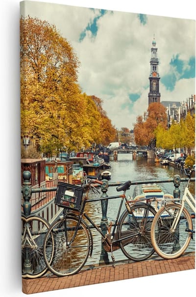 Artaza Canvas Schilderij Amsterdam - 80x100 cm - Groot - Wanddecoratie Grachten - Muurdecoratie Herfst - Schilderijen Op Canvas Fiets