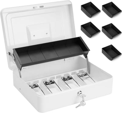 Grote geldkist - Spaarpot kassa - Geld bewaren - Met sleutelslot - 30 x 24 x 9 cm - Wit