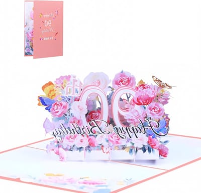 Verjaardagskaart met bloemen, 3D pop-up kaart voor jubileum en speciale gelegenheden, unieke kaart voor 90e verjaardag