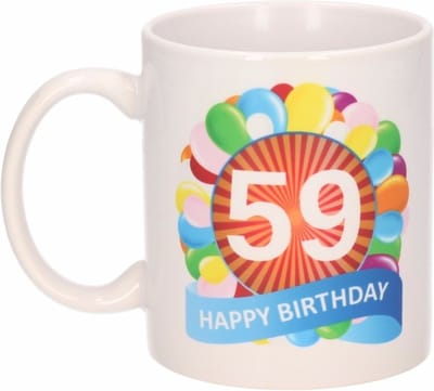 59 jaar Verjaardag koffiemok - cadeau beker - feestelijke ballonnen print - 300 ml - keramiek - wit